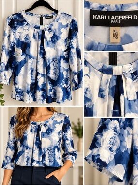 Women’s Karl Lagerfeld, XL, navy blue and white blouse. No ironing needed